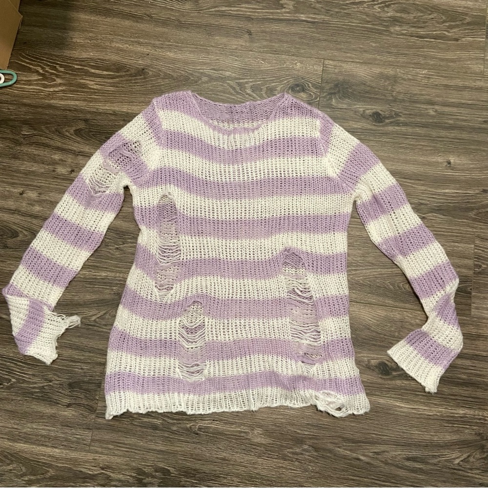 Soft distressed purple and white striped open weave sweater